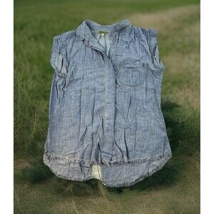 UMGEE Light Denim Chambray Linen Blend Button Up V Neck Boho Small